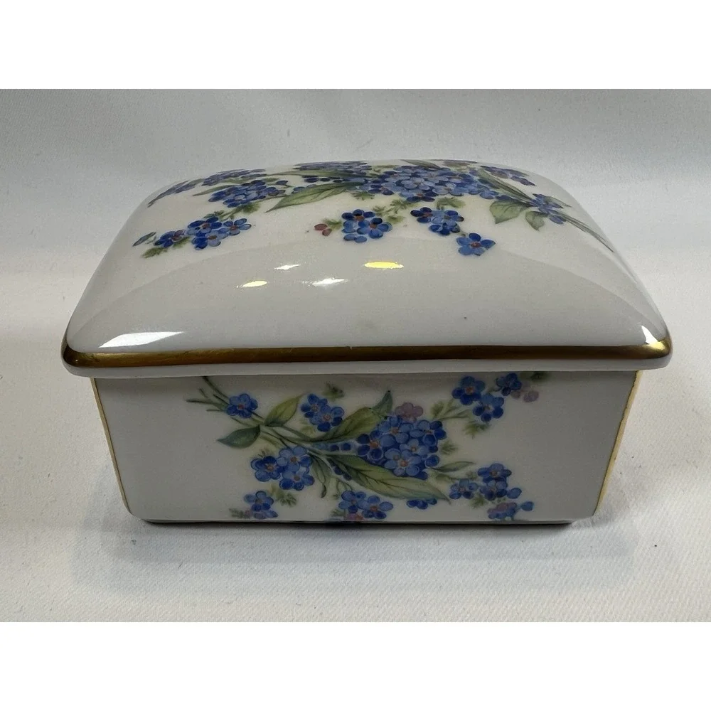 VNG porcelain trinket box and two matching trays Forget Me Not Floral Pattern